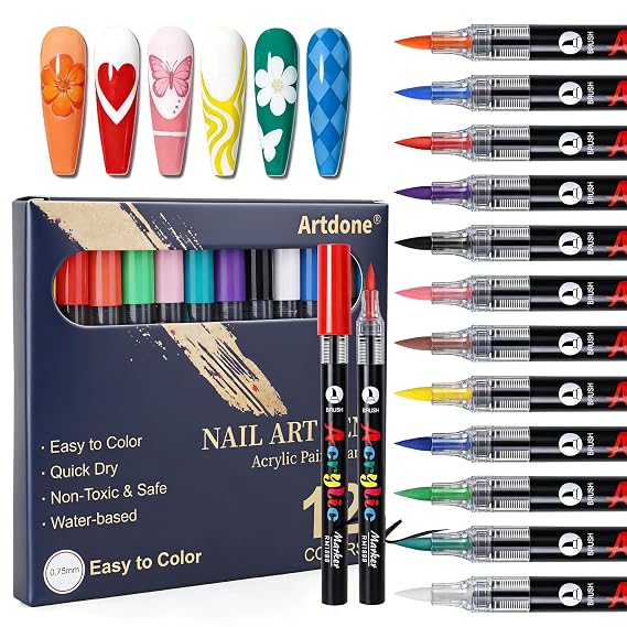 12 Colors Nail Art Pens Set, 3D Quick-Drying Acrylic Paint Markers Nail Point Graffiti Dotting Drawing Liner Brush for DIY Gel Nail Polish Design Manicure Tools