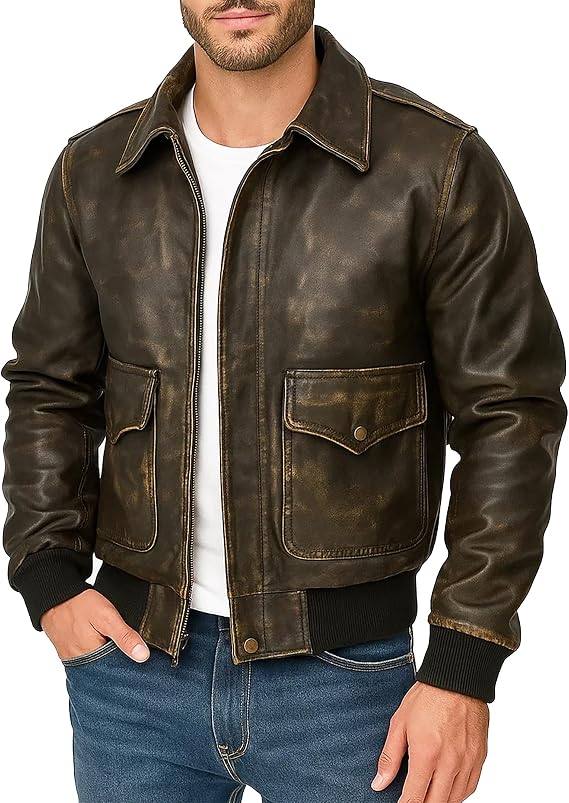 Men's A-2 Aviator Bomber Jacket Brown Leather G-1 Fur Collar Flight Coat | US Air Force WWII Cockpit Pilot Style Genuine Sheepskin Leather Jacket Men