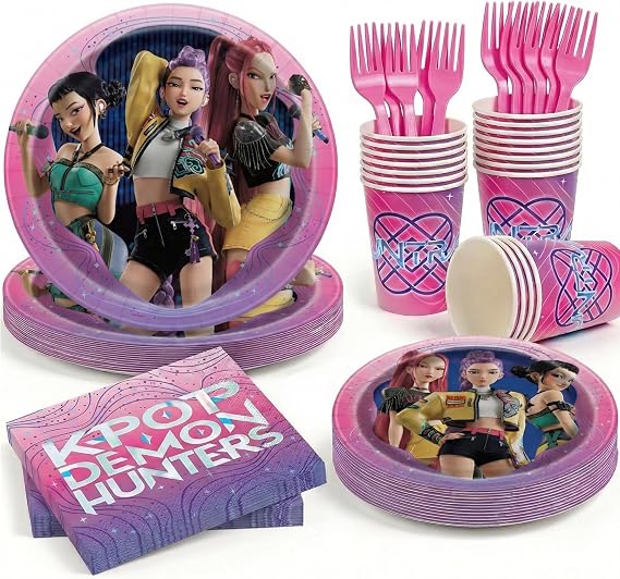 KPop Demon Hunters Birthday Decorations | KPop Demon Hunters Plates and Napkins, Cups, Forks | Officially Licensed