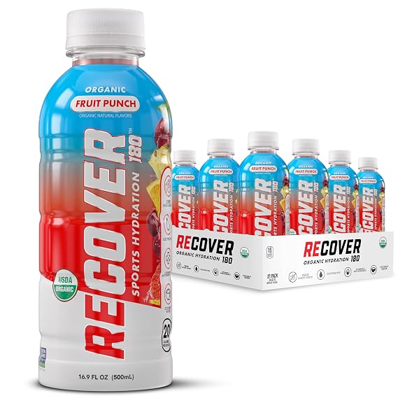 RECOVER 180 Organic Sports Hydration Drink, No Sugar Added, 20 Calorie Sports Beverage, Organic Flavors With Vitamins, Potassium-Packed Electrolytes (16.9 Fl Oz (Pack of 12), Fruit Punch)