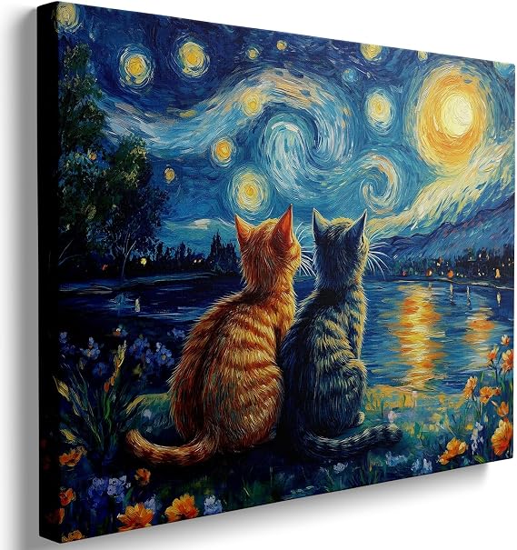 Ypxzzj Van Gogh Starry Night With Cartoon Cats Canvas Wall Art,Night Starry Pictures Paintings Wall Decor, Animal Cats Artworks for Bedroom Living Room Wall Decor Framed Ready to Hang