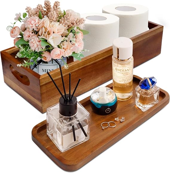 DEMIGO Toilet Tank Topper & Vanity Tray, Natural Acacia Wood Decor Set