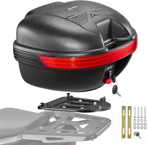 VEVOR Motorcycle Top Case 30L Universal Waterproof PP Motorcycle Tail Case, Detachable Motorbike Top Box with Security Lock & Backrest for Luggage Storage