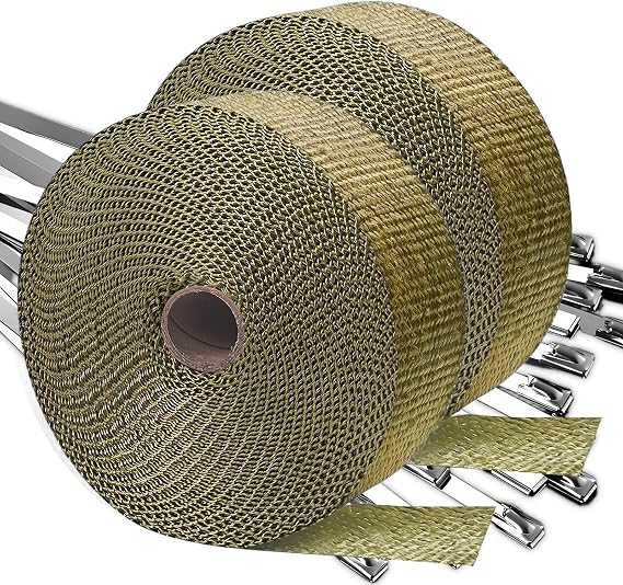 Exhaust Wrap | 2 Rolls Titanium Exhaust Heat Wrap | Header Wrap | Heat Shield Tape with 20 PCS 11.8 Inch Stainless Steel Ties for Motorcycle Car Truck (Titanium, 2 Rolls)