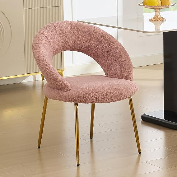 Faux Fur Vanity Chair Furry Desk Chair for Teen Girls, Comfy Makeup Vanity Chair Fluffy Desk Chair Dining Chair with Gold Finish Metal Legs for Bedroom Living Room (Pink)