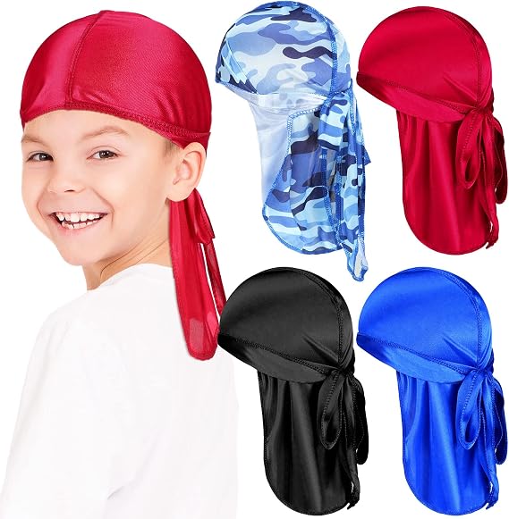 Loopeer 4 Pcs Kids Satin Durags Head Wrap Silk Durag Cap with Long Tail Wide Strap 360 Waves Cap for Boy Toddler Girls