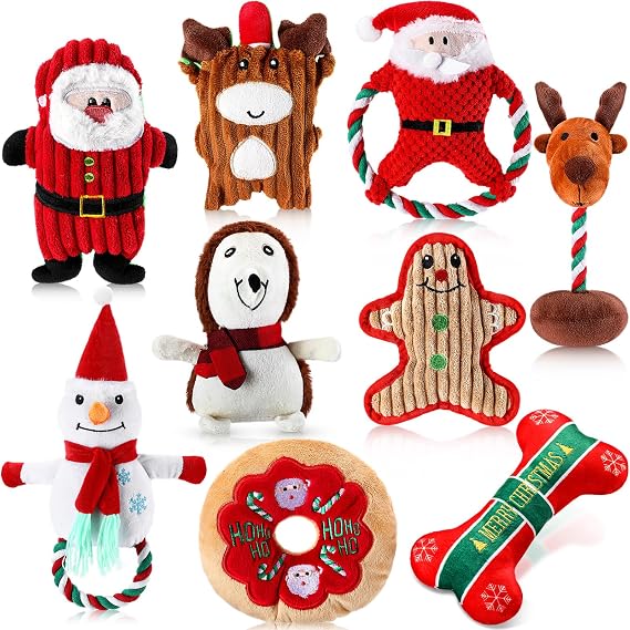 9 Pcs Christmas Dog Toys Bulk Christmas Dog Squeaky Toys Christmas Interactive Stuffed Animal Plush Chew Toys with Squeaker for Small Medium Large Dogs Teeth Cleaning