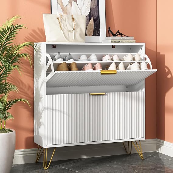 34.4" H Fluted Shoe Storage Cabinet with 2 Flip Drawers for Entryway, White[Hidden Shoe Cabinet Storage, Narrow Free Standing Shoe Organizer, Shoe Rack Cabinet for Foyer Hallway