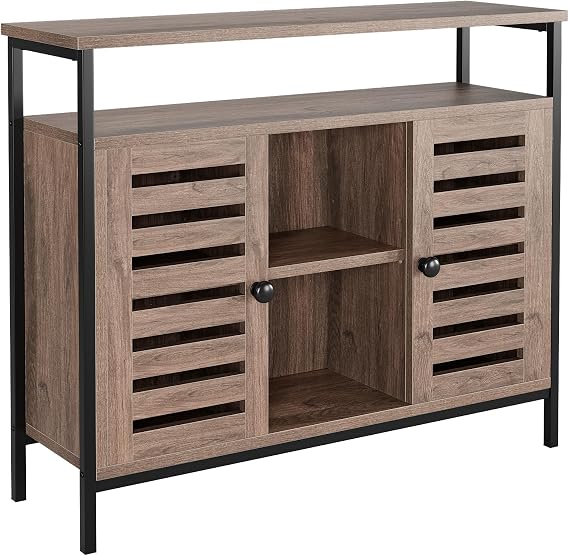Kitchen Buffet Cabinet with Storage, Coffee Bar Cabinet, 2 Doors, 4 Open Shelves, Brown