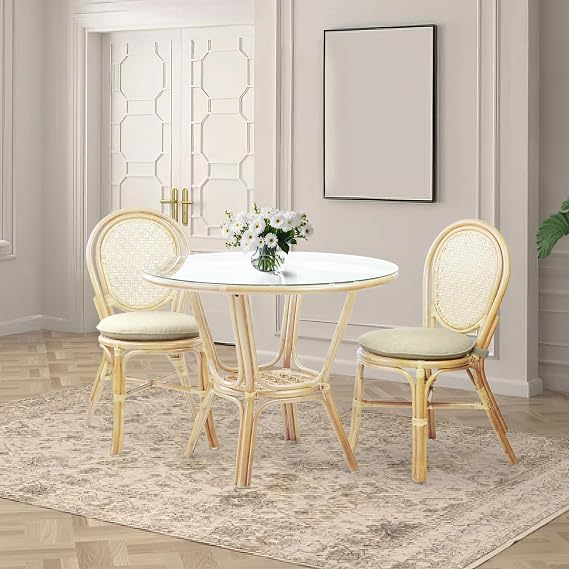 Rattan Wicker Dining Round Table Glass Top and 2 Denver Side Chairs with Cream Cushions, Dining Table Set for 2, Tropical Style Dining Table Set, Natural Color
