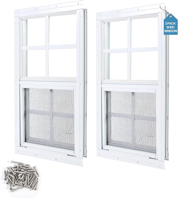 2 Pack Shed Window 16"X16" White | Flush Mount Household Windows with Tempered Glass and Fiberglass Screen for Shed Chicken Coop Playhouse and Garage