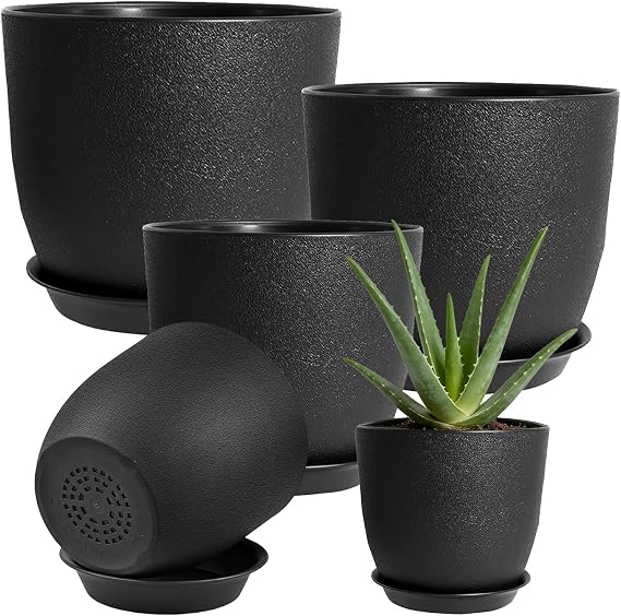 5 Pack Plant Pots Indoor Plastic Flower Pots with Drainage Holes and Saucers Modern Decorative Planters Succulent Indoor Outdoor Plants(Black)