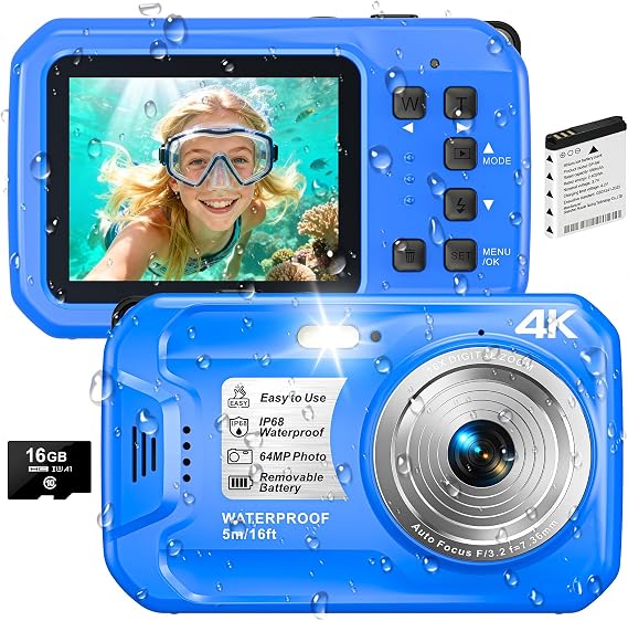 4K Underwater Camera, 64MP 16FT Compact Waterproof Camera with 16GB Card