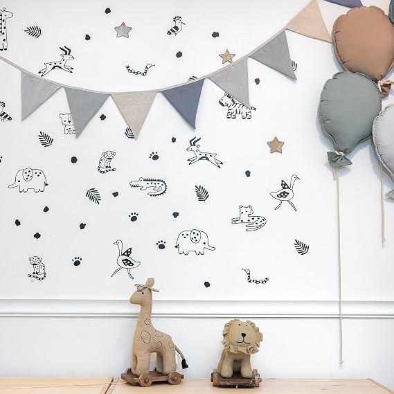 Safari Jungle Animals Wall Decals Peel and Stick for Kids, Baby Bedroom Nursery and Living Room. 68 pcs. Adhesive Vinyl Wall Stickers Decor (Black)