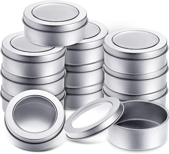 TecUnite 12 Pack 2 Ounce Metal Tin Cans Round Empty Container Salve Tins with Clear Lid for Kitchen, Office, Candles, Candies