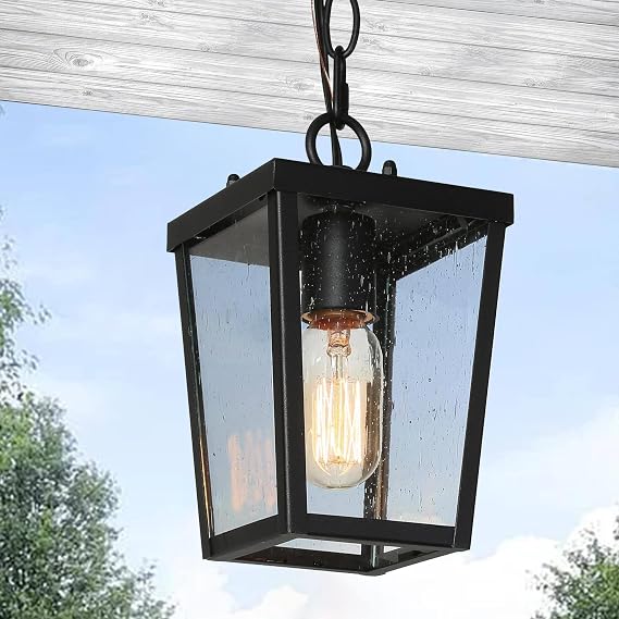 classy leaves Outdoor Pendant Lights for Porch, Black Farmhouse Outdoor Pendant Light Fixture with Seeded Glass, Modern Trapezoid Exterior Ceiling Hanging Lantern Light Fixtures