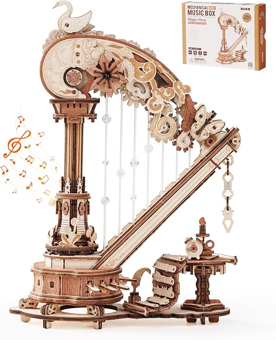 ROKR Magic Harp 3D Wooden Puzzle, Self-Playing Mechanical Music Box, 350pcs | 4-5Hour Assembly, adult craft kit, building model, hobbies for men and women, unique gifts, retro home decor