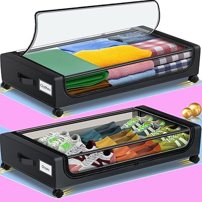Jill Deaaa Under Bed Storage with Wheels, 2Pack Under Bed Storage Containers with Clear Lids, XXL 60L Under Bed Shoe Storage Organizer,Dorm Bedroom Rolling Underbed Storage for Clothes, Toys, Blanket