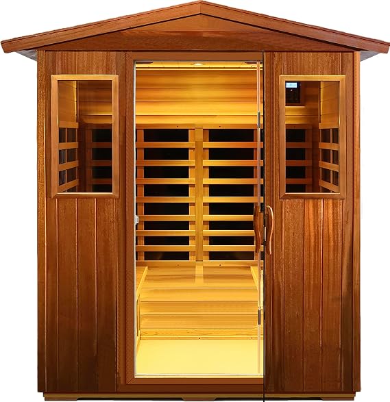 LTCCDSS Outdoor Mahogany Ultra-Low EMF Sauna 4 Person Far Infrared Sauna for Home EMF Average 0.5 mG, Withstand Outdoor Temp -10F-149F Chromotherapy, Bluetooth Speaker