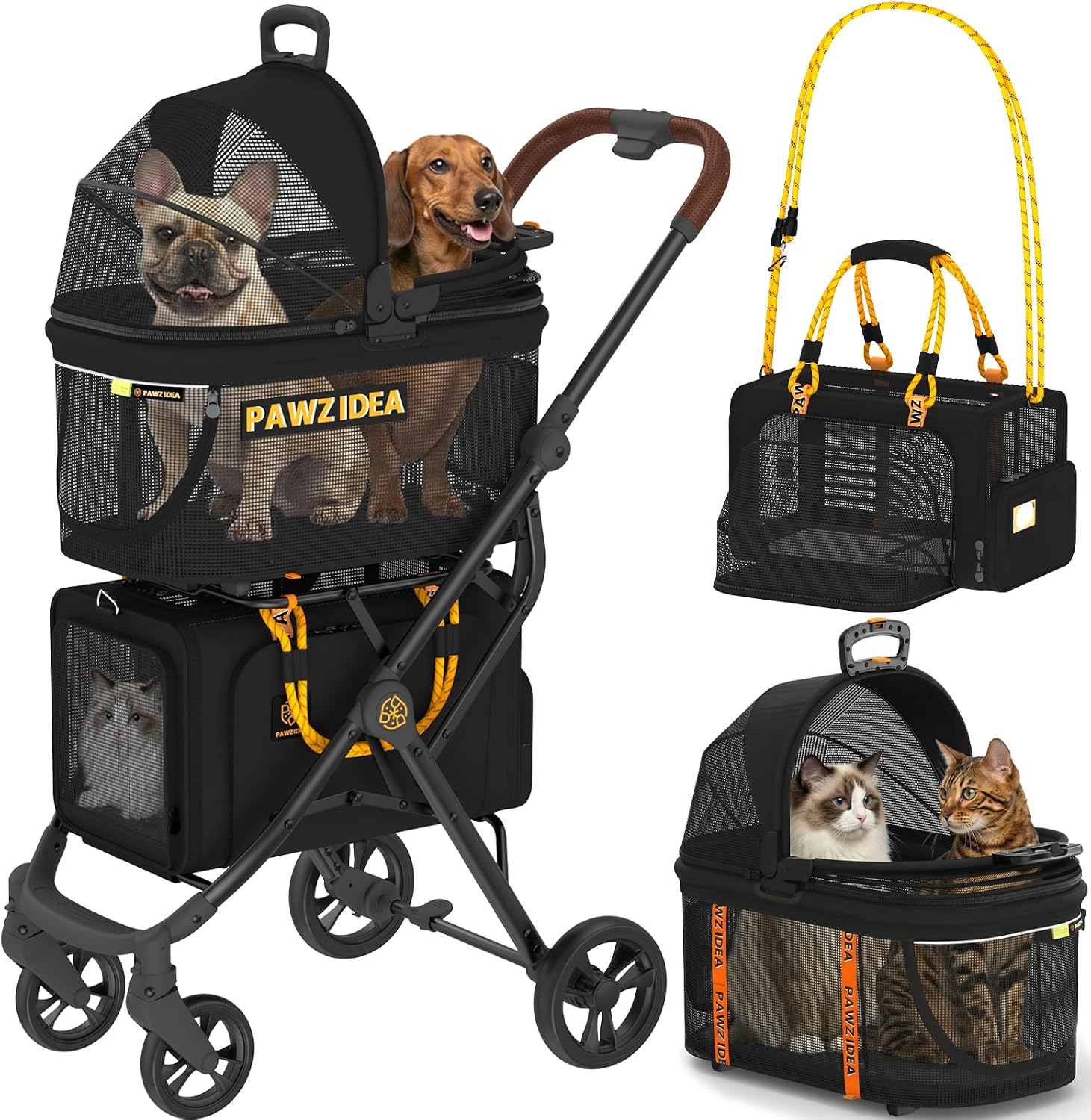 PAWZIDEA Double Pet Stroller with 2 Detachable Carriers, Portable Dog Crate for Car Travel & TSA-Approved Expandable Cat Carrier, Foldable Lightweight Jogger Stroller for 2–4 Cats or SmallMedium Dogs
