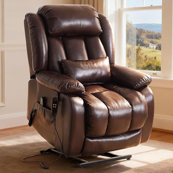 Power Lift Recliner Chair with 8-Point Massage & Heat, Dual Remote, USB/Type-C Ports, Easy-Clean Leather, Width 19.7" (Leather, Brown)