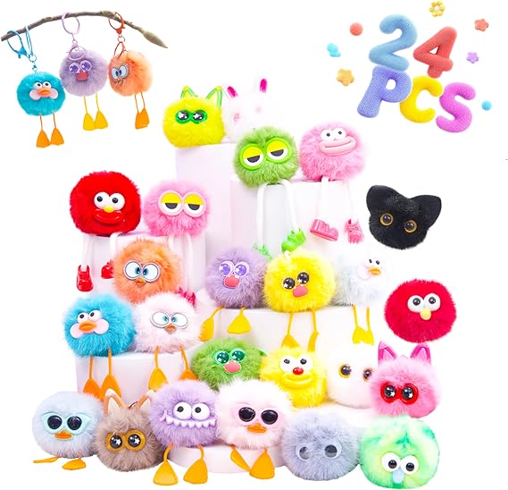 OMyFav 24PCS Party Favors Keychains - Fuzzy keychains Bulk for Kids