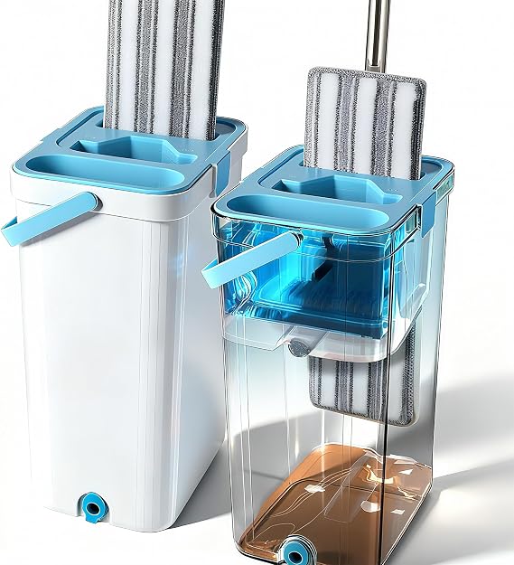 Mop and Bucket with Wringer Set Hands Free Flat Floor Mop and Bucket with 2 Reusable Pads and Stainless Steel Handle 2-in-1 Household Bucket Wringer Wet and Dry Use, Floor Cleaning System