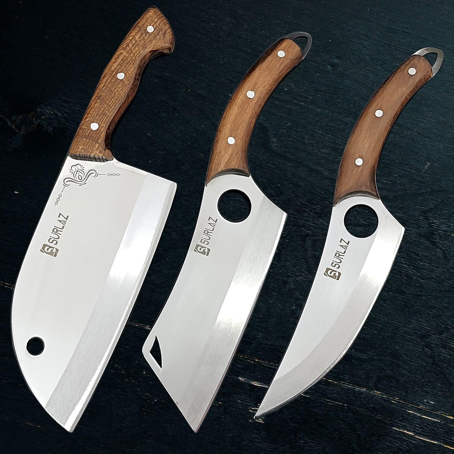 SürLaz Chef Knife Set, Kitchen & Camp Knife 3 Pieces, Leather Case Black