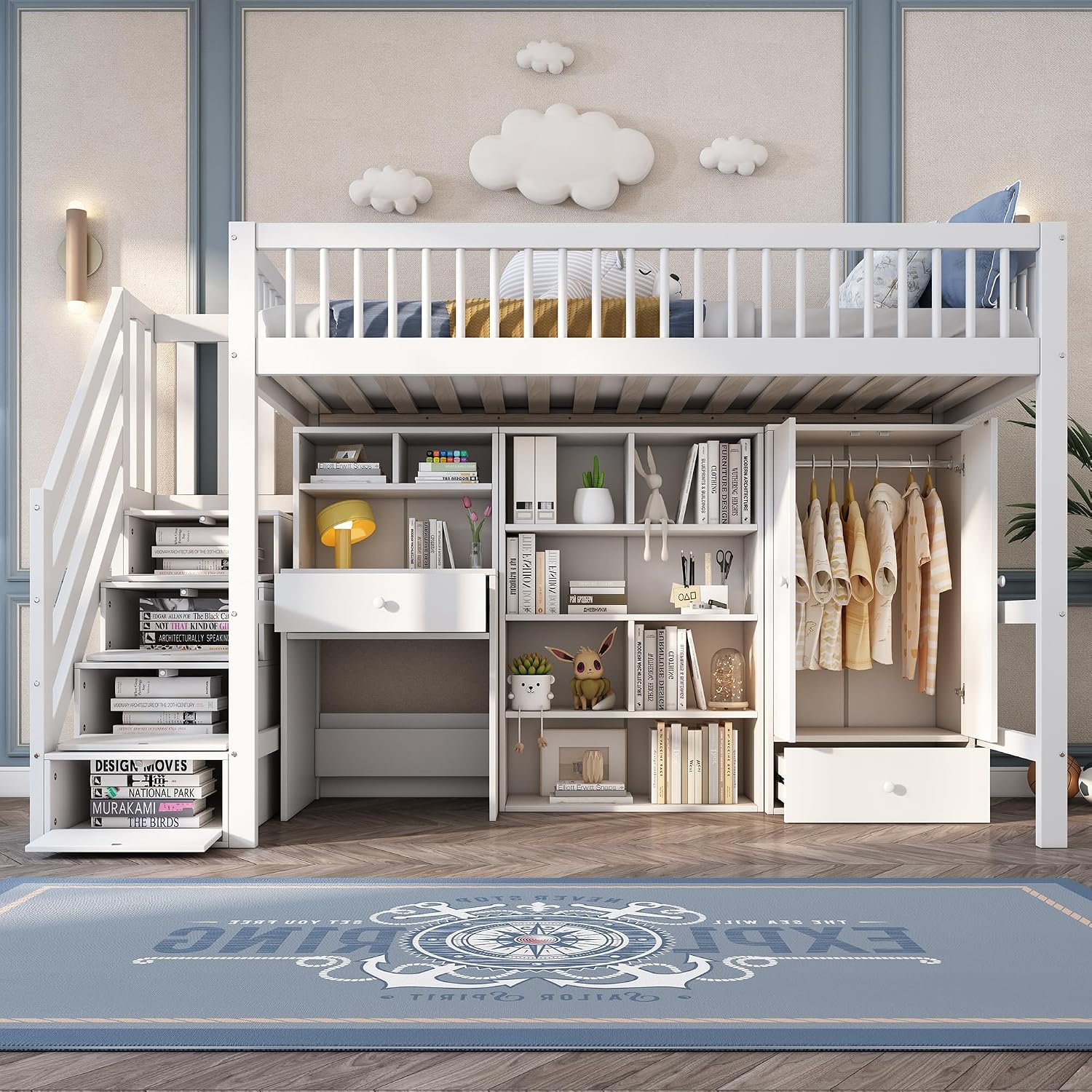 Multifunctional Single Bed Frame, 90x190cm Single Bed with Desk & Stairs, Wardrobe & Lockers, White Storage Bed (No Mattress Included)