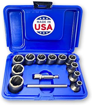 13 Piece Bolt Extractor Set | Made in USA Turbo Sockets for Stripped, Rounded, Frozen Bolts & Nuts | 38 Drive Impact Grade Lug Nut & Bolt Remover Kit | Nut Extractor Socket Set
