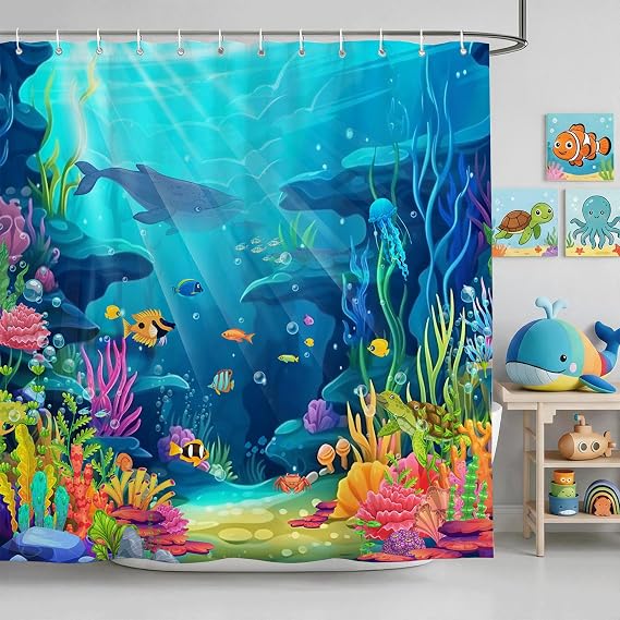 Mocsicka Ocean Shower Curtain for Bathroom Underwater World Kids Shower Curtain with 12 Hooks Summer Tropical Shark Turtle Fish Bath Curtain for Kids Sea Bathroom Decor, 72 x 72 in Waterproof Fabric