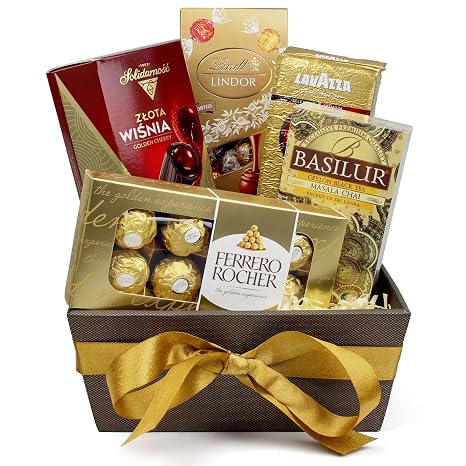 Gift Set Golden Collection - 5 Different Products - 3 Chocolate Boxes Exclusive Coffee Lavazza and Ceylon Black Tea Basilur - Ferrero Rocher - Woman - Man