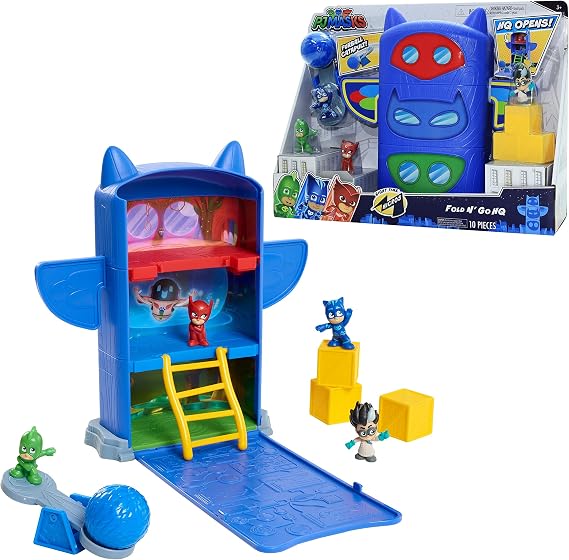 PJ Masks Nighttime Micros Fold N Go HQ with 5 Accessories, Catboy, Owlette, and Gekko, Kids Toys for Ages 3 Up by Just Play