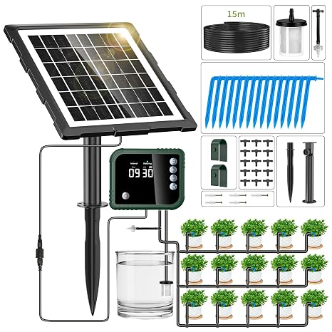 Forever Speed Solar Drip Irrigation Kit,Solar Powered Irrigation System with Digital Display,15M 3W Solar Automatic Watering System for Pot Plants Greenhouse,Garden,Terrace Lawn