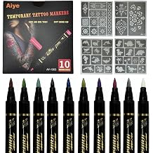 10 Colors Metallic Body Paint Markers , Temporary Tattoo Markers with 4 Stencil Sheets, Waterproof Quick Dry Washable Skin Safe Face Paint Pens, for Halloween, Easter, Christmas & Festivals