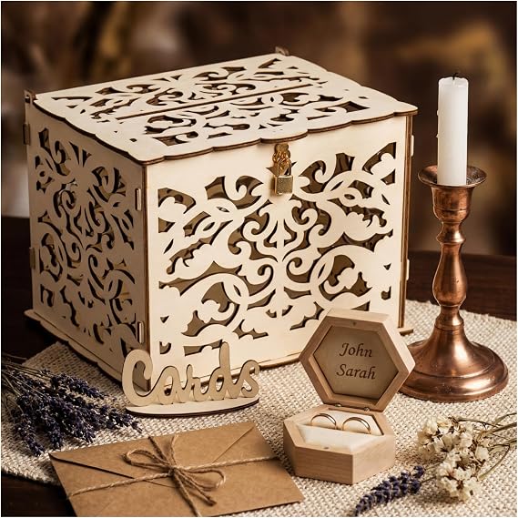 ZENFUN Wooden Wedding Card Box with Lock and Card Sign, Large Rustic Wood Hollow Card Box, Wedding Reception Box for Party Supplies, Baby Showers, Birthdays, Anniversaries