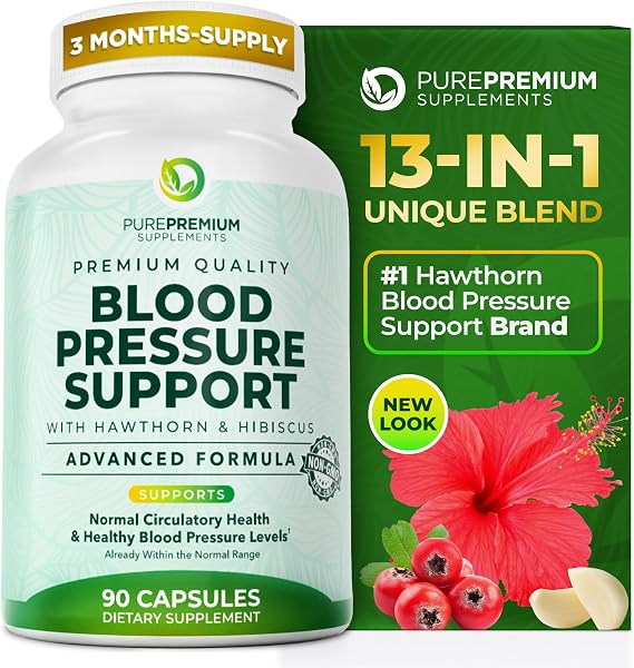 PurePremium Blood Pressure Supplements with Hawthorn Berry, Hibiscus - 90ct | Garlic & Vitamin B12 - Nitric Oxide Supplement for Normal Heart Health, Circulation Health & Blood Pressure Support, USA Made