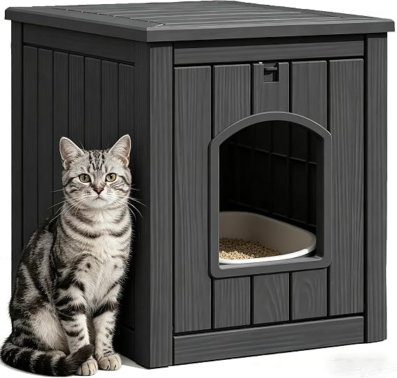 Cat Litter Box Enclosure, Multi-Functional Enclosed Cat Litter Box Furniture, Outdoor Cat House Weatherproof, Openable Front Door & Raised Floor, Easy to Clean & Assemble, Black
