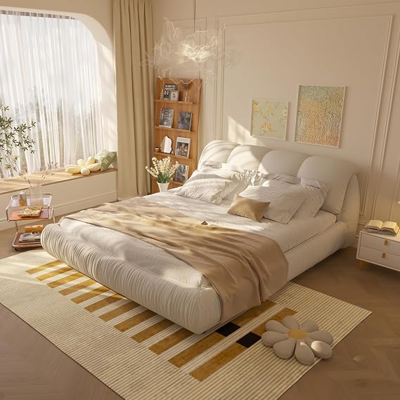 Luxury King Size Upholstered Platform Bed with Oversized Padded Headboard, Solid Wood Slats & Frame, Squeak-Free, Supports Multiple Mattress Heights, No Box Spring Needed, Cream Beige