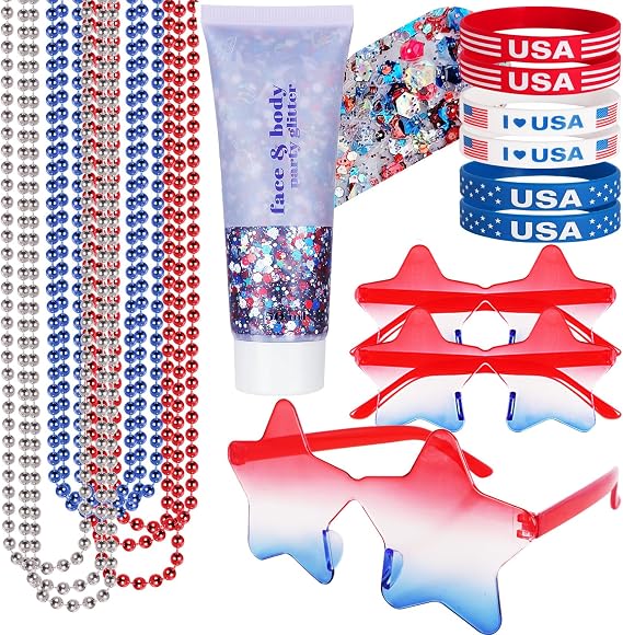 Go Ho 4th of July Outfits and Accessories for Women Kids,Red White and Blue Body Glitter Gel,9 PC Necklaces,3 Pairs Star Sunglasses and 6 PC Rubber Bracelets Wristbands Set for USA Patriotic Makeup
