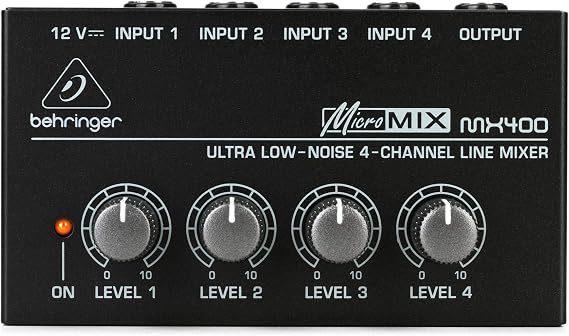Behringer MX400 MicroMIX 4-Channel Mono Line Mixer for Guitar, Synth, Podcast & Studio, Ultra Low-Noise Audio Blender with Level Controls, 12V Adapter Included