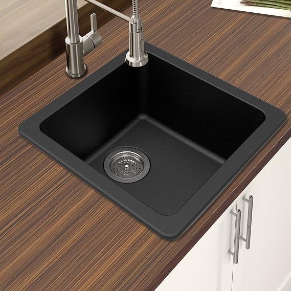 Winpro New Black Granite Quartz 16 5/8" x 16 5/8"x 8" Single Bowl Dual Mount Bar Sink