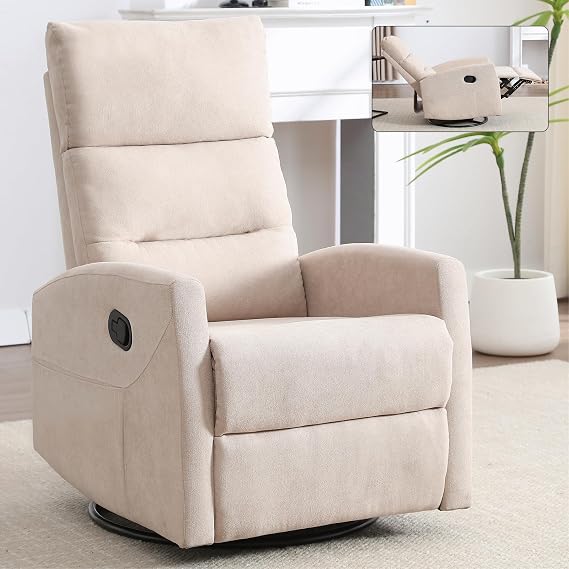 360 Swivel Rocker Recliner Chair, Versatile Glider Rocking Chair for Adults, Manual Recliner Lazyboy Single Sofa, Upholstered Nursery Chairs for Small Spaces/Living Room/Bedroom/Nursing (Beige)