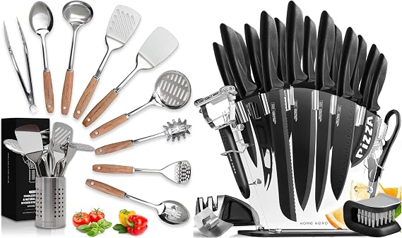 Home Hero 10 Pcs Stainless Steel & Wood Kitchen Utensils Set + 20 Pcs Kitchen Knife Set