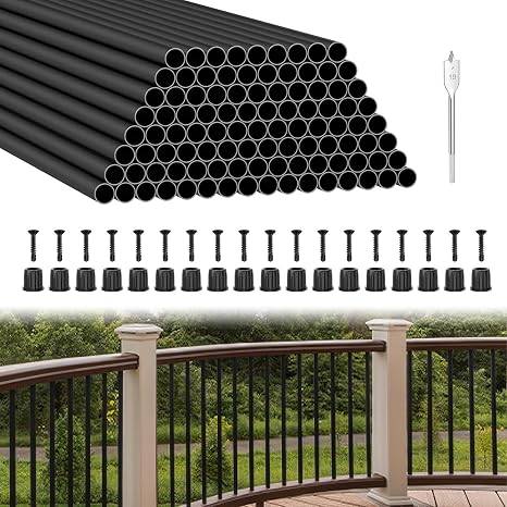 BLIKA 100 Pack 32" Aluminum Deck Balusters with Connectors/Screws, 3/4" OD Hollow Round Aluminum Balusters for Deck Railing, Black Metal Deck Balusters Staircase Spindles
