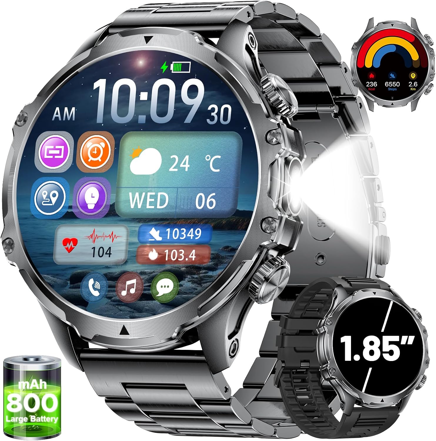 SUNKTA Mens Military Smart Watch 800 mAh Battery 1.85 Inch HD Display Sports Watch with Torch 100 Sports Modes IP68 Waterproof Fitness Watch with Heart Rate SpO2 Sleep Monitor for Android iOS