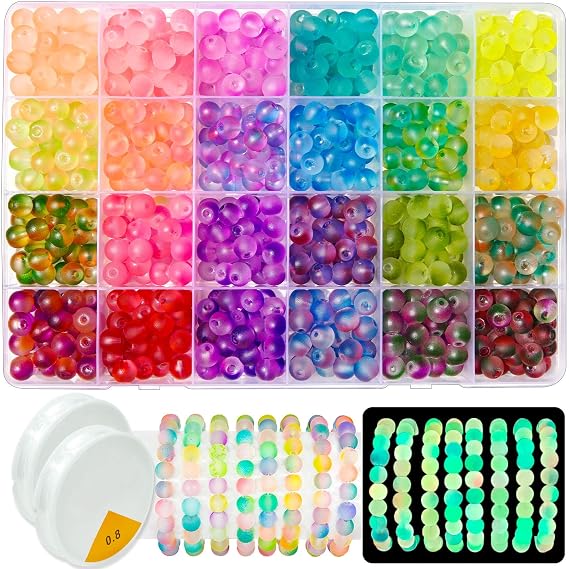 Glow in The Dark Glass Beads for Jewelry Making, 600Pcs 8MM 24 Grids Crystal Gemstone Beads Round Spacer DIY Craft Beads for Bracelet Necklace Earrings Phone Lanyard Wedding Decor