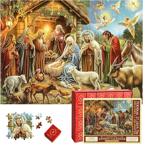 2025 Advent Calendar Jigsaw Puzzle Nativity Scene 1008 Pieces Religious Christmas Countdown Puzzle, 24 Boxes The Birth of Jesus Puzzles for Adults, Jesus Christian Home Decor