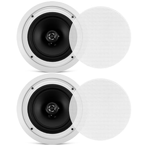 8 Ceiling Wall Mount Speakers - Pair of 2-Way Midbass Woofer Speaker 70v Transformer Directable 1 Titanium Dome Tweeter Design w/ 55Hz-22kHz Frequency Response & 300 Watts Peak - Pyle PDIC80T White