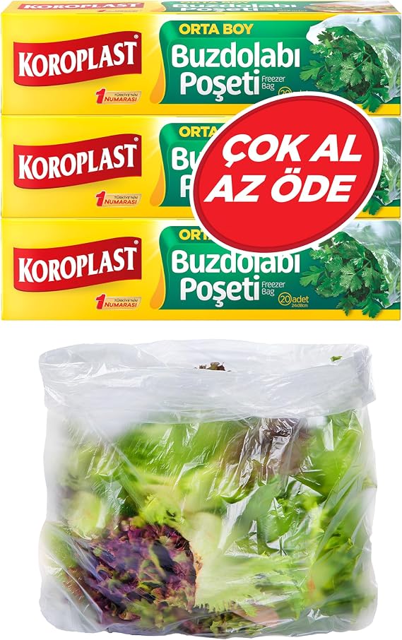 Koroplast 3'lü Çok Al Az Öde Ekonomik Paket Orta Boy 60'lı Buzdolabı Poşeti, Sızdırmaz & BPA İçermez Gıda Saklama Torbası, Et, Tavuk, Balık, Sebze, Meyve, Çorba, Sos, Peynir, Kuruyemiş, Sandviç